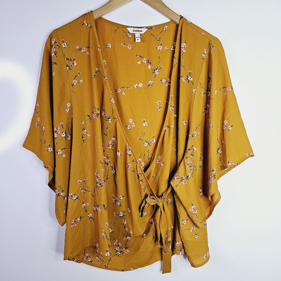 Express Tops - Express Cherry Blossom Floral Kimono Sleeve Wrap Blouse Large